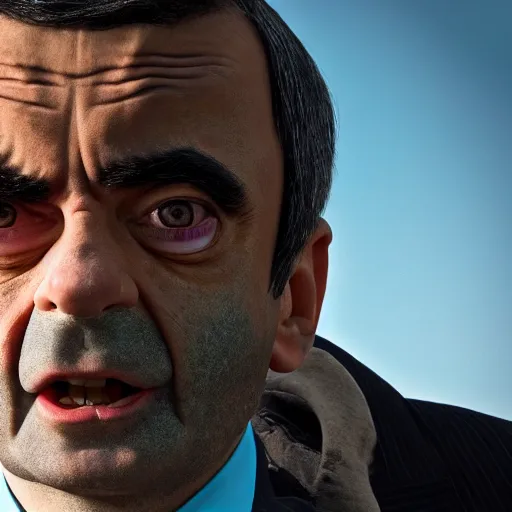 Image similar to mr. bean as a member of isis, serious, dramatic, extreme detail, 8 k resolution, sharp focus,