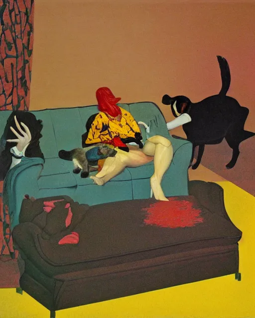 Image similar to old dead couple on couch with a big black dog in a yellow art deco interior room in the style of Francis Bacon and Syd Mead, open ceiling, highly detailed, painted by Francis Bacon and Edward Hopper, couple and dog painted by James Gilleard, surrealism, airbrush, very coherent, triadic color scheme, art by Takato Yamamoto and James Jean