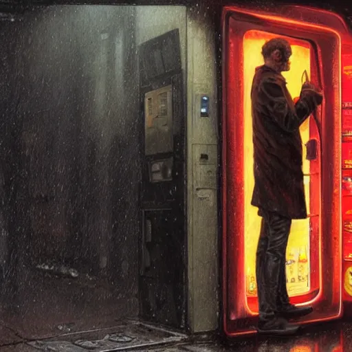 Prompt: a drenched man in a dark rainy alleyway standing in front of a vending machine that opened a portal into another dimension, vivid caustics, realistic photography, beautiful interior, hyperrealism, incredible, award - winning photography, by greg rutkowski, lovecraftian