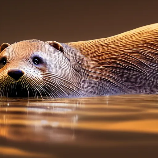 Prompt: a river otter with gold, expression, photo realistic, dramatic cinematic lighting, octane render, 4k, ultra detailed