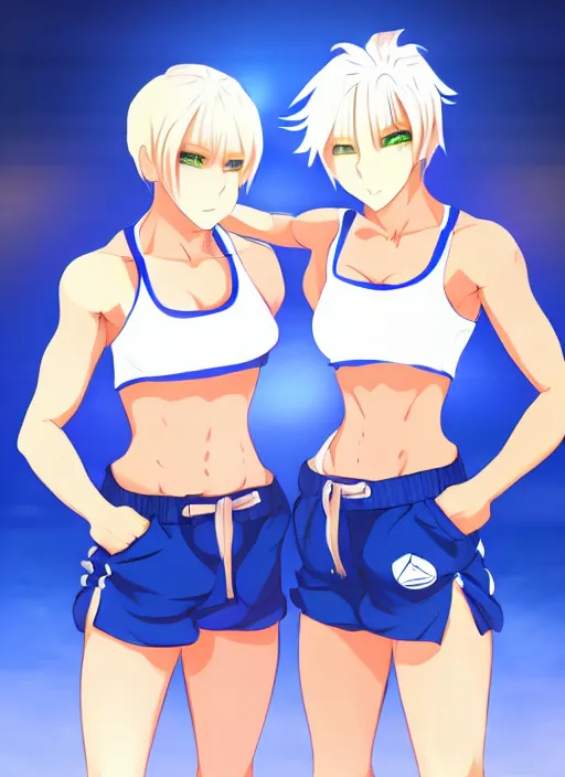 Prompt: two beautiful identical female fighters with short hair facing each other in gym, blue shorts, dim lighting, gorgeous features, high resolution, smooth anime art