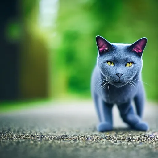 Image similar to Fujichrome Provia 100F photograph of a Russian Blue cat, sigma 85mm f/1.4, 15mm, 35mm, tilted frame, extreme long shot, action shot, long exposure, 4k, high resolution, 4k, 8k, hd, wide angle lens, highly detailed, full color, harsh light and shadow, intoxicatingly blurry