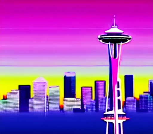 Prompt: a beautiful and immaculate balanced vaporwave ombre scene depicting outrun style seattle and the space needle