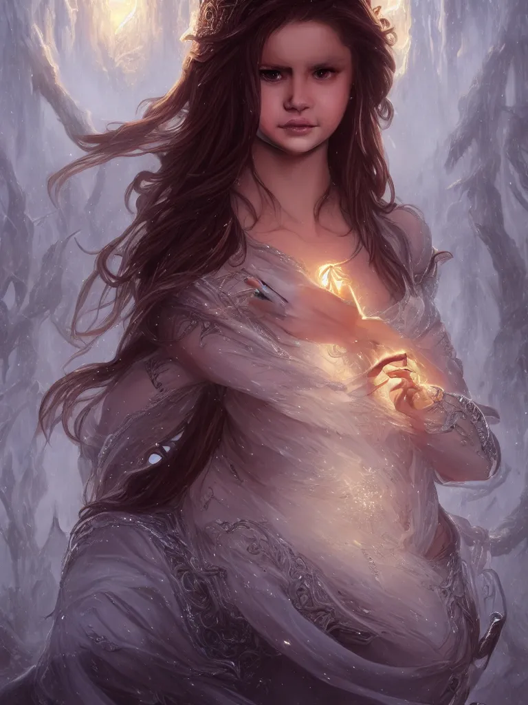 Image similar to Selena Gomez casting an frost spell, D&D, fantasy, intricate, elegant, highly detailed, digital painting, artstation, concept art, matte, sharp focus, illustration, hearthstone, art by Artgerm and Greg Rutkowski and Alphonse Mucha