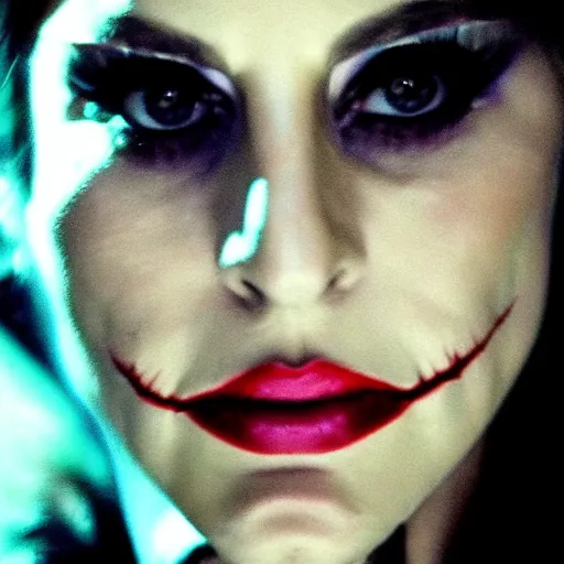 Image similar to beautiful awe inspiring Lady Gaga playing The Joker 8k hdr movie still moody lighting