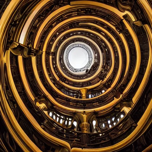 Prompt: a magnificent infinite baroque spiral library, spiral stairs, spiral architecture, wave architecture, epic composition, magical atmosphere, rays of light, dust light, fantasy, photo realistic