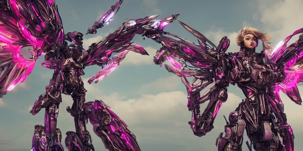 Image similar to a female saints made of mecha with huge feature wings is flying in the fantasy forest by merriam, daniel, intricate mechanical details, futuristic, 2 k aesthetic, dramatic lighting, concept art, 4 k, 3 d octane render, pink and red collection, highly saturated colors, provenance, detailed, trending on artstation