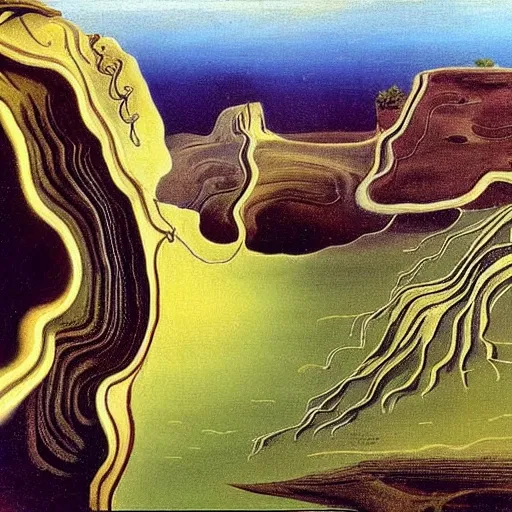 Image similar to painting of a lush natural scene on an alien planet by salvador dali. beautiful landscape. weird vegetation. cliffs and water.