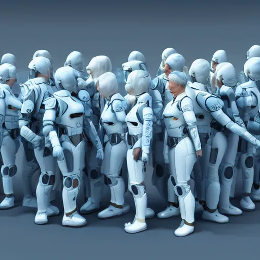 Image similar to troop of grannies with white bob hairdos, tight light blue neopren battle suits, futuristic cloning facility, sci - fi, highly detailed, cinematic