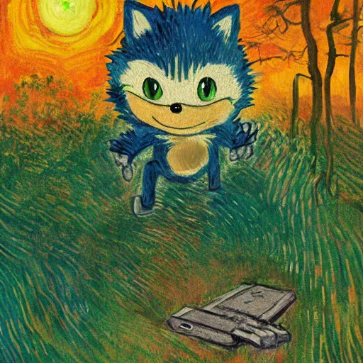 Image similar to sad painting of detailed realistic sonic the hedgehog in the woods at night, in the style of studio ghibli and moebius and claude monet and edward hopper and vincent van gogh