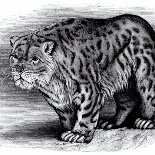 Prompt: a sabertooth cat, lion with huge walrus fangs, naturalist illustration