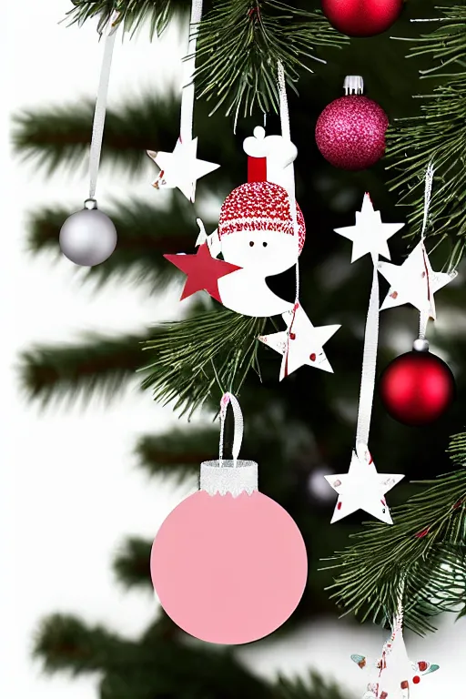 Image similar to flat sticker scandi christmas tree with kitsch glitzy baubles and stars and christmas robin bird decorations, silver pink white red mood, smooth sharp focus