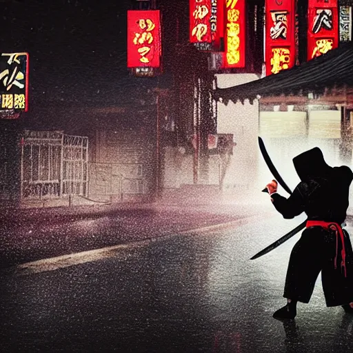 Image similar to ninja samurai with a katana in hand finishing his opponent, Ninja samurai has a dark costume, Japanese street environment, neon signboards in the background, shallow blur background, characters in focus, rainy weather, blood splatter on the ground, high detailed, intricate details, photorealistic, cinematic
