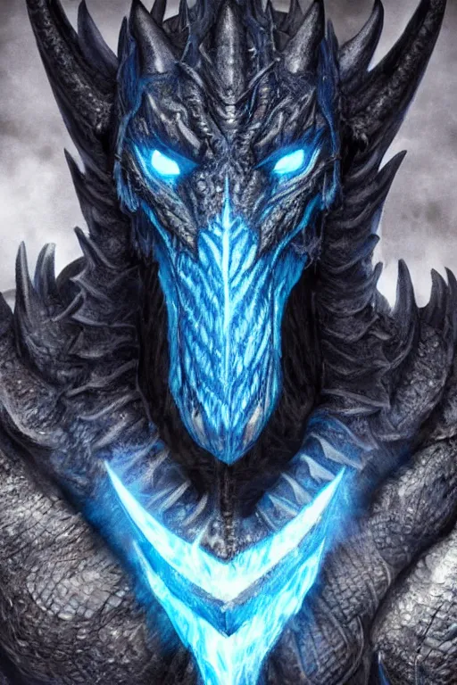 Prompt: a dark blue dragonborn with large tusks, half of his face flaming with blue flame, he wears a black dragon scales armor