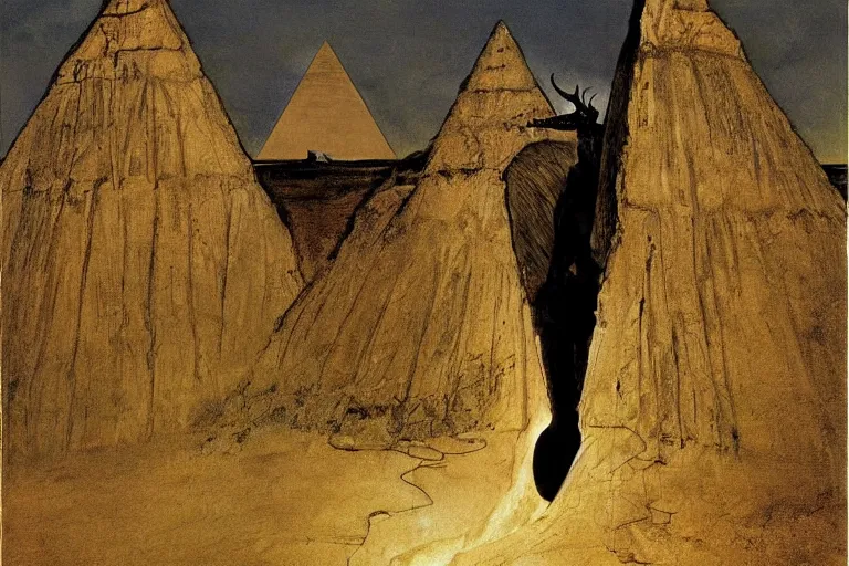 Image similar to andrew wyeth painting of king ghidorah standing between the pyramids in egypt,