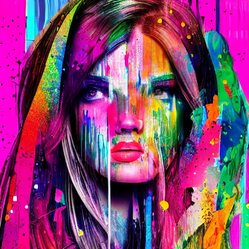 Image similar to references for beautiful woman digital art splattered by coloured paint