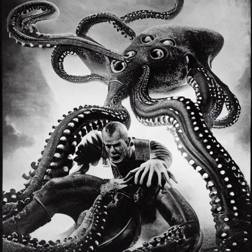 Prompt: old black and white photo, 1 9 1 3, depicting bruce willis in combat armor fighting giant octopus, historical record, tentacles around