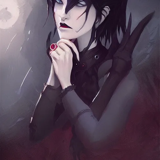 Prompt: female goth human vampire witch in the style of greg rutkowski, makoto shinkai, trending on artstation, character design, concept art, pretty face, highly detailed, digital art