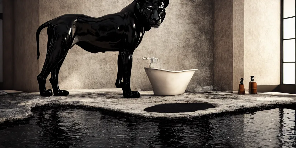 Prompt: the black lioness made of tar, bathing in the bathtub filled with tar, dripping tar, drooling goo, sticky black goo, photography, dslr, reflections, black goo, rim lighting, modern bathroom, hyper realistic, 8 k resolution, unreal engine 5, raytracing