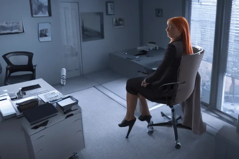 Prompt: award winning shot of pepper potts, ceo of stark industries, sinks into her chair, desolate, her once - spotless office now covered in dust. she sobs. screenshot from the mcu, ambient lighting, 8 k, as played by gwyneth paltrow