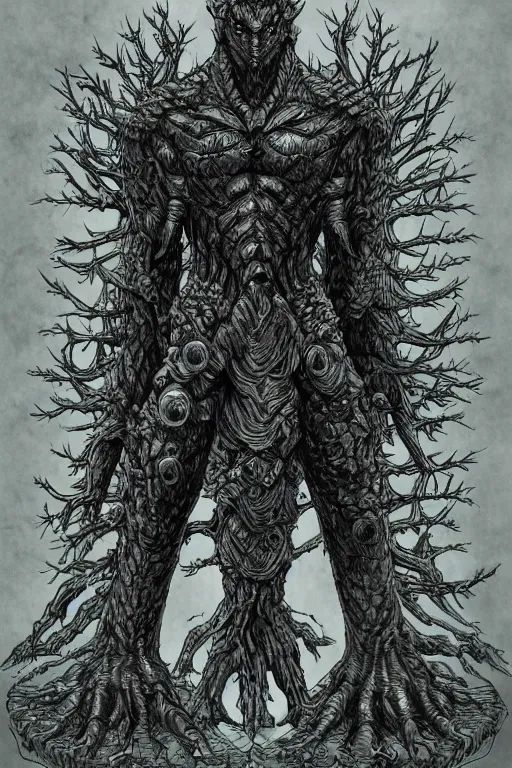 Prompt: armoured tree human figure monster, symmetrical, highly detailed, digital art, tree armour, sharp focus, trending on art station, kentaro miura manga art style