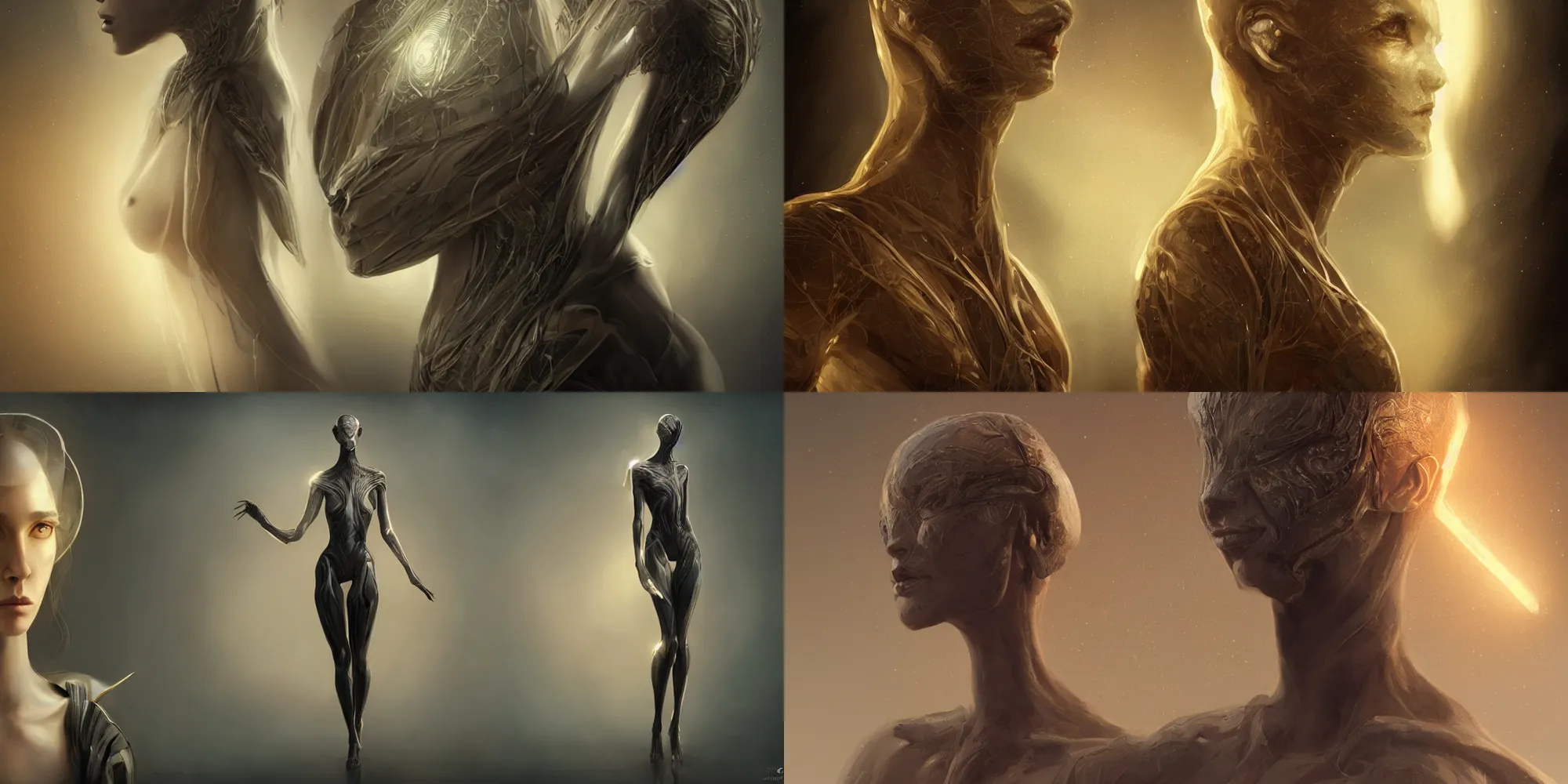 Prompt: realistic character concept, creature of centauri, elegant pose, scifi, illustration, slender symmetrical face and body, artstation, cinematic lighting, hyperdetailed, cgsociety, 8 k, high resolution, charlie bowater, tom bagshaw, single face, insanely detailed and intricate, beautiful, elegant, golden ratio, dark fractal background, vfx, postprocessing