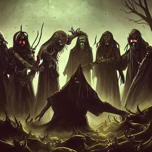 Image similar to warlock summoning an army from the dead, Elmore, Larry, painting, dark, horror, aesthetic, art station,