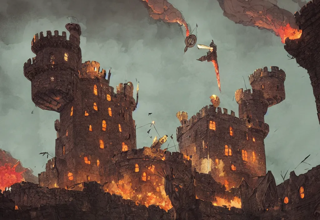 Image similar to handmade illustration of an small medieval castle being attacked by some medieval soldiers, fire and smoke, catapults and arrows, line art, ink, heavy brushstrokes, watercolor by Kilian Eng and by Jake Parker, winning-award masterpiece, fantastic, octane render, 8K HD Resolution, High quality image