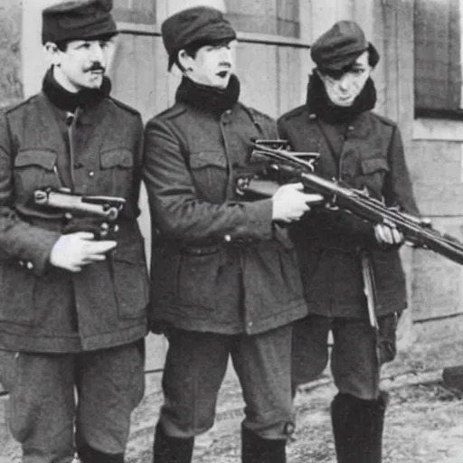 Prompt: old wartime photograph of the beatles carrying lewis guns, 1 9 1 7