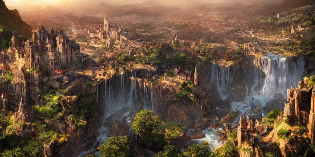 Prompt: beautiful waterfall between lush mountains in the sunset casting rays of light into medieval city below, highly detailed, baroque, brutalist architecture, sharp focus, artgerm, cgsociety, desaturated by syd mead, 8k octane beautifully detailed render, post-processing, extremely hyperdetailed, intricate, epic composition, grim yet sparkling atmosphere, cinematic lighting + masterpiece, trending on artstation, very detailed, vibrant colors, Art Nouveau, masterpiece