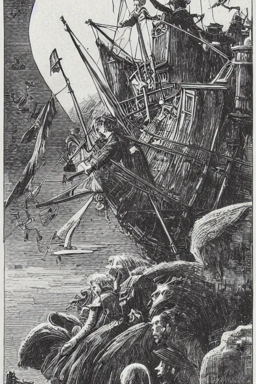 Image similar to 19th century wood-engraving of Howl's moving castle, whole page illustration from Jules Verne book, art by Édouard Riou Jules Férat and Henri de Montaut, frontal portrait, high quality, beautiful, highly detailed, removed watermarks