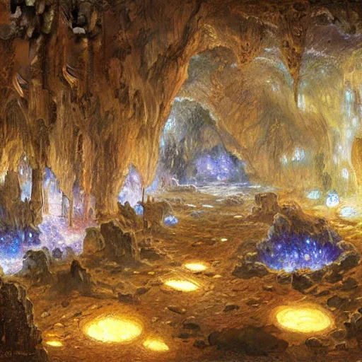 Prompt: a cave with huge glowing crystals in the walls and piles of bones on the floor, art by donato giancola and greg rutkowski, volumetric lighting