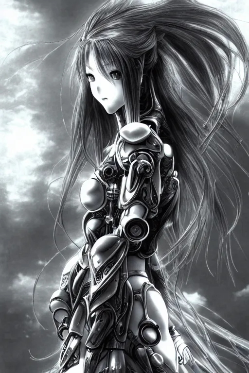 Image similar to a vertical portrait of a character in a scenic environment by Yoshitaka Amano, black and white, dreamy, cybernetic armor, wavy long black hair, highly detailed