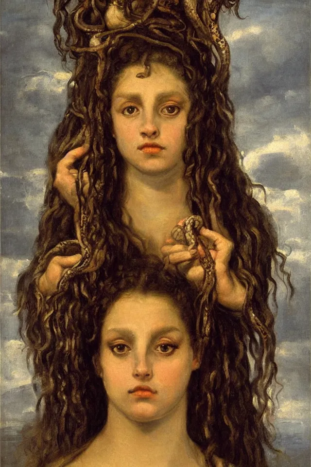 Prompt: romantic portrait painting of medusa, staring at the viewer, her golden eyes furious and the snakes in her hairs swirling furiously, by Gustave Courbet,