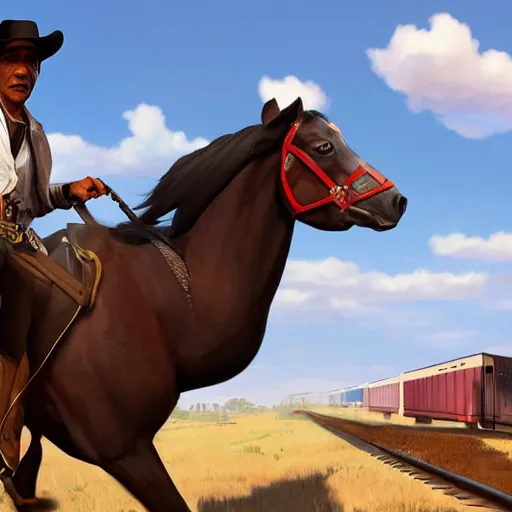 Image similar to Obama from Red Dead Redemption 2 riding a horse next to a train, ray tracing, 8k by artgerm and greg rutkowski