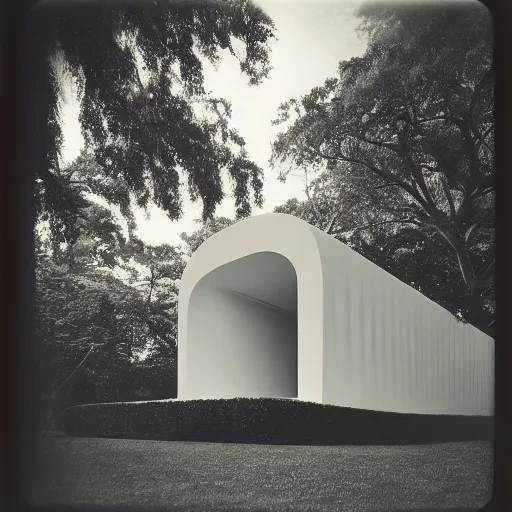 Prompt: white house by santiago calatrava in the tropical wood, mystic, melancholy, pinhole analogue photo quality, lomography, scratches on photo, monochrome