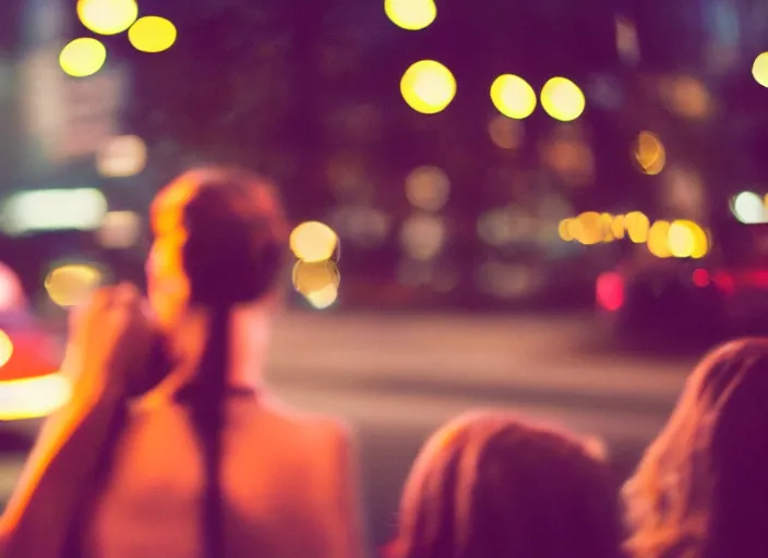 Image similar to a 3 5 mm photo from the back of a woman watching a parade, splash art, movie still, bokeh, canon 5 0 mm, cinematic lighting, dramatic, film, photography, golden hour, depth of field, award - winning, anamorphic lens flare, 8 k, hyper detailed, 3 5 mm film grain