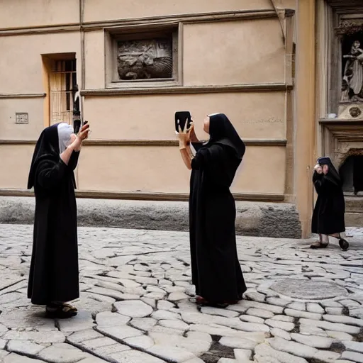 Prompt: nuns taking a selfie with the statue of david in florence italy