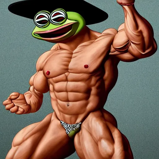 Prompt: IFBB pro pepe the frog flexing in the style of Caravaggio