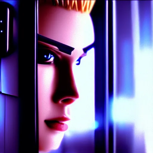 Image similar to beautiful android peeking at you though the curtains, short spiky blonde hair, cyberpunk outfit, still from closed circuit tv footage