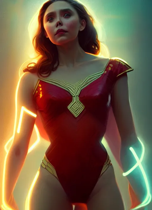 Image similar to portrait of modern darna, elizabeth olsen, intricate, elegant, glowing lights, highly detailed, digital painting, artstation, glamor pose, concept art, smooth, sharp focus, illustration, art by wlop, mars ravelo and greg rutkowski