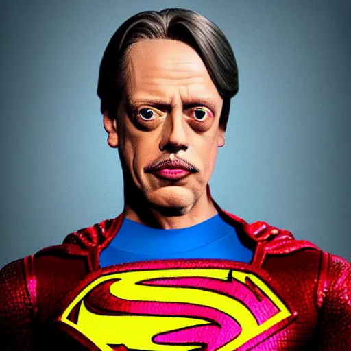 Prompt: hyperrealistic mixed media image of steve buscemi as skinny superman,