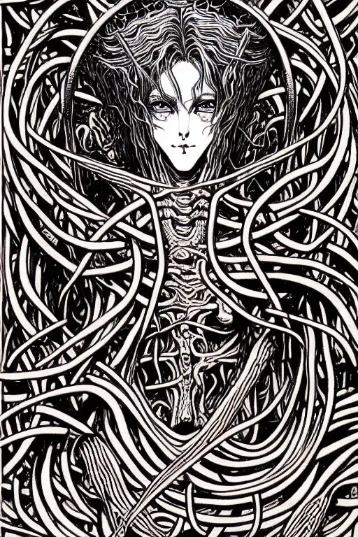 Image similar to illustration of a wooden wheel shaped demonic creature covered in bones and vines, intricate linework, in the style of moebius, ayami kojima, 1 9 9 0's anime, retro fantasy