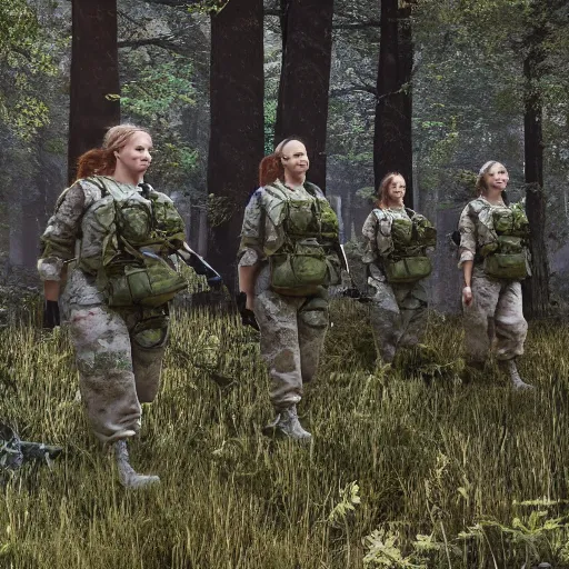 Image similar to group of female soldiers, searching through iridescent woods, makeshift camp, aerial photography, eerie, beautiful, stunning, intricate detail, cinematic, unreal engine, concept art, photorealism