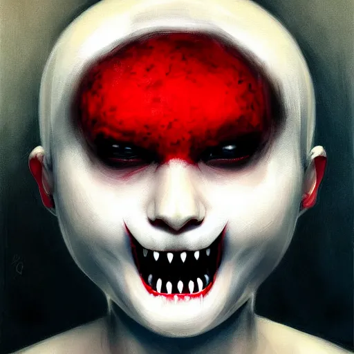 Prompt: Facial portrait. horrorversion version of Hello Kitty, looking at the camera, slight evil smile, lips wide parted, mouth wide open, sharp teeth visible. fear inspiring, intimidating, extremely detailed painting. by Greg Rutkowski and by Henry Justice Ford and by Steve Henderson.