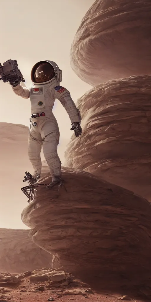 Image similar to concept art, a american astronaut with new lightweight spacesuit, landing on mars, musk's mars immigration program, cyberpunk, backlight, epic, high detail, 8 k, octane rendering, unreal engine.