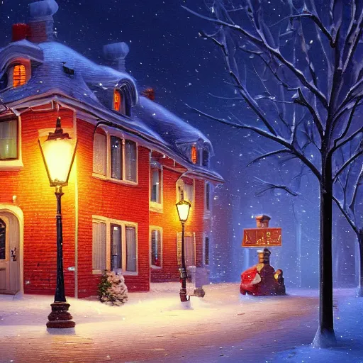 Image similar to town inspired by Evgeny Lushpin,winter,nighttime,post box,cinematic,art station