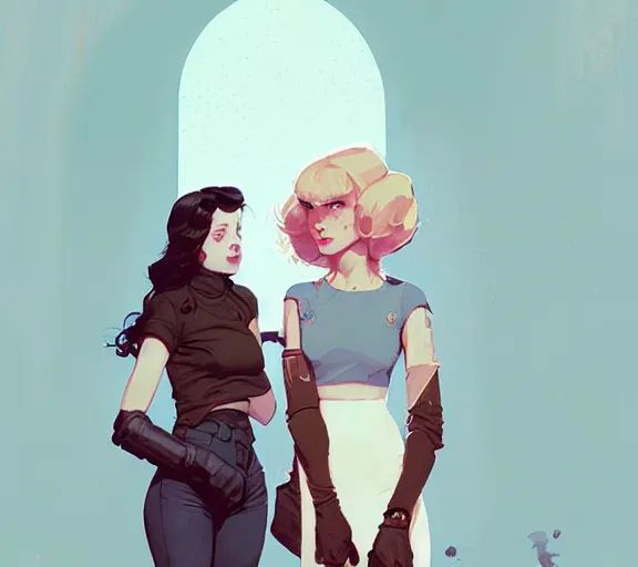 Prompt: portrait elza and anna by atey ghailan, by greg rutkowski, by greg tocchini, by james gilleard, by joe fenton, by kaethe butcher, dynamic lighting, gradient light blue, brown, blonde cream and white color scheme, grunge aesthetic