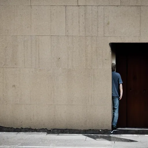 Prompt: a man totally obscured behind a wall, street photography