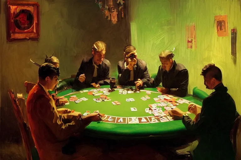 Image similar to ninjas playing poker, inside a tiny green room with red lights by joaquin sorolla, greg rutkowski, bill sienckiwicz, extremely detailed